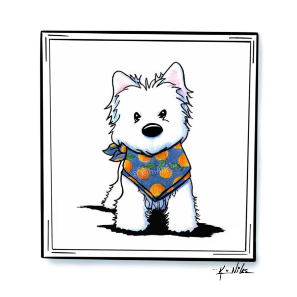 Cute KiniArt™️ westie in a peach scarf; cartoon art by Kim Niles.