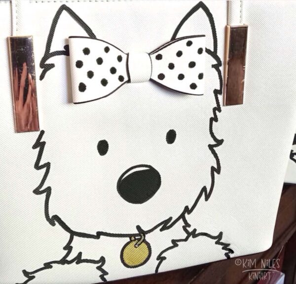 OOAK Hand painted Westie on a black and white Hand Bag featuring a 3D bow on front of bag to look like it’s at worn by the Westie painting