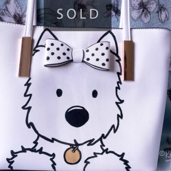 SOLD OOAK Hand painted Westie on a black and white Hand Bag featuring a 3D bow on front of bag to look like it’s at worn by the Westie painting