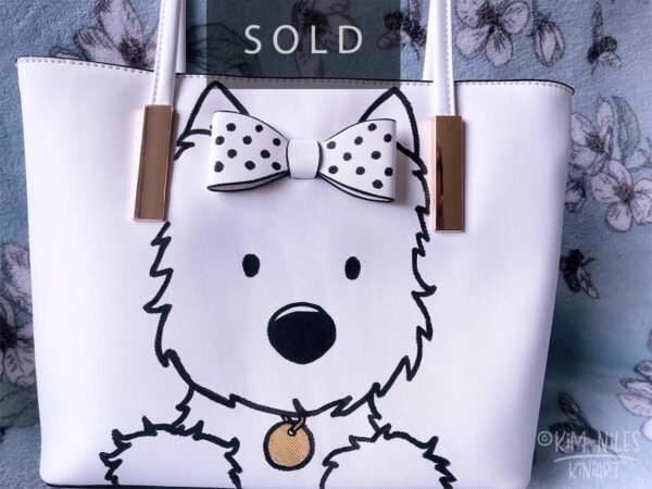 SOLD OOAK Hand painted Westie on a black and white Hand Bag featuring a 3D bow on front of bag to look like it’s at worn by the Westie painting