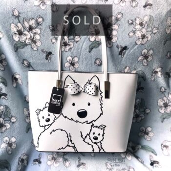 OOAK Hand painted Westies on a black and white Tote size purse featuring a 3D bow on front of bag to look like it’s at worn by the mother-Westie with two Westie puppies painted on either side of her