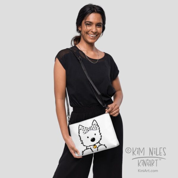 Westie girl printed handbag by Kim Niles: on model