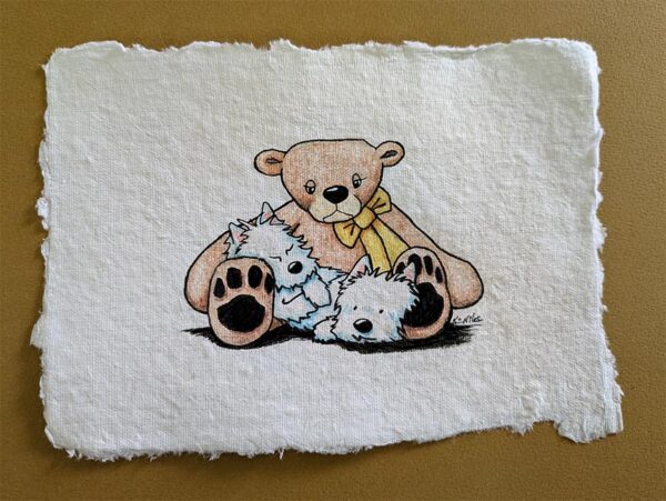 Original Art Drawing 2 westies sleeping on a giant teddy bear.